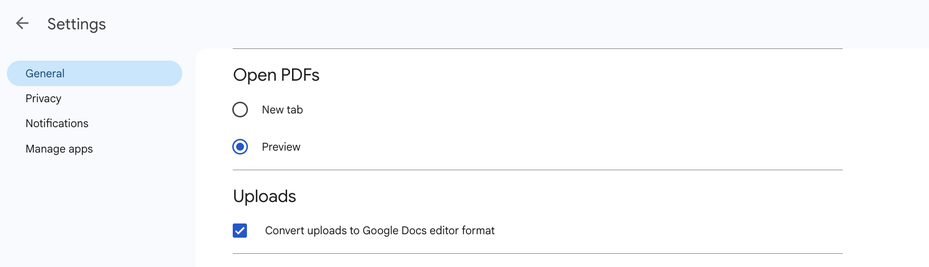Google Drive settings panel showing Convert uploads option